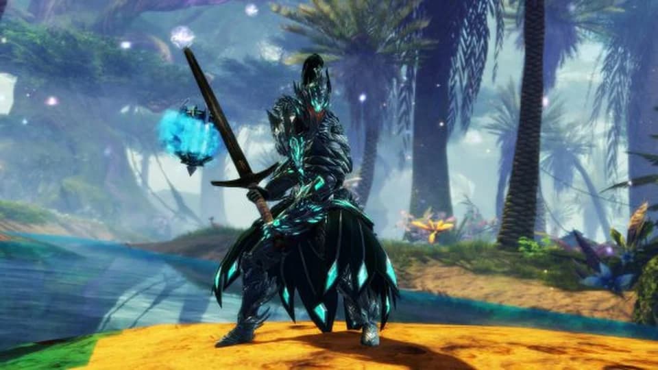 A luminary in heavy armor drawing energy from their magical brazier.